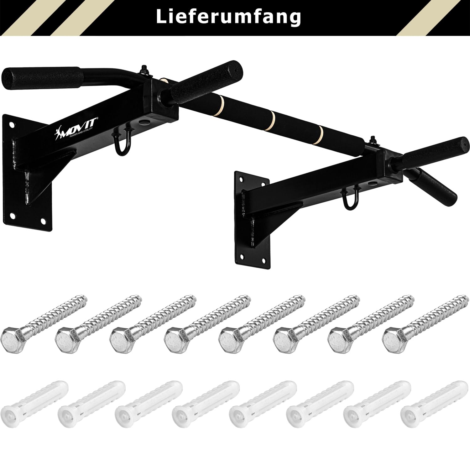 MOVIT® Profi Klimmzugstange zur Wandmontage, bis 350 kg, 4x rutschfeste Griffe + XXL Softgrip, 2x Ösen für Zubehör, schadstoffgeprüft, Weiß oder Schwarz, Türreck Reckstange Pull up bar