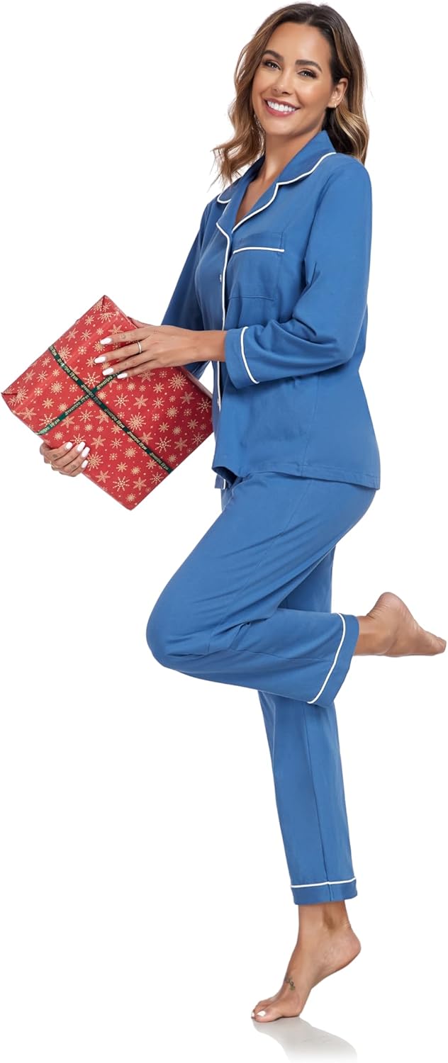 COLORFULLEAF Women's 100% Cotton Long Sleeve Pajama Sets Button Down Notched Collar Sleepwear Soft Lounge Pjs with Pockets - Image 4