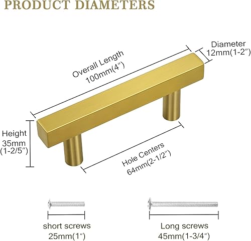 Miniatura 2 de Perillas en forma de T cuadradas, latón, dorado cepillado para cajones, gabinetes, puertas de estantes, Dorado