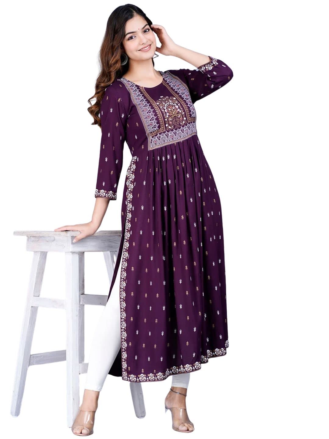 rytras Women's Rayon Printed Purple Nayra Cut Flared Kurta 3