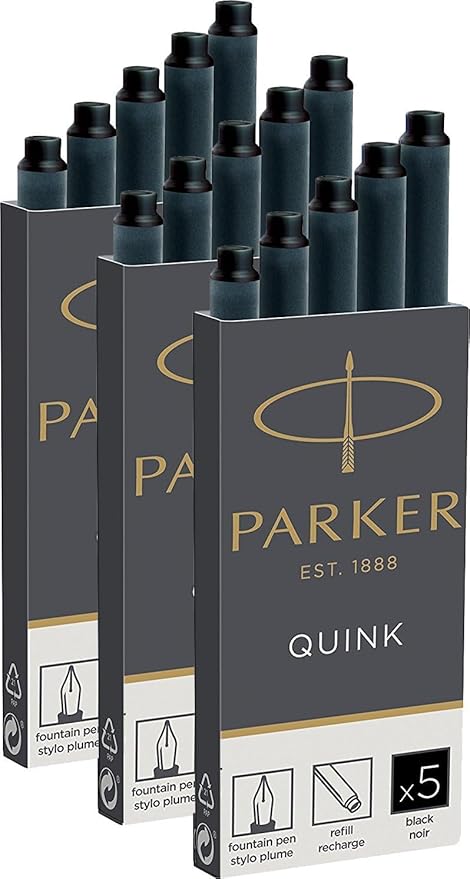Parker Quink Nachfüllpatronen für Füllfederhalter, lange Patronen, 15er Packung, schwarze tinte