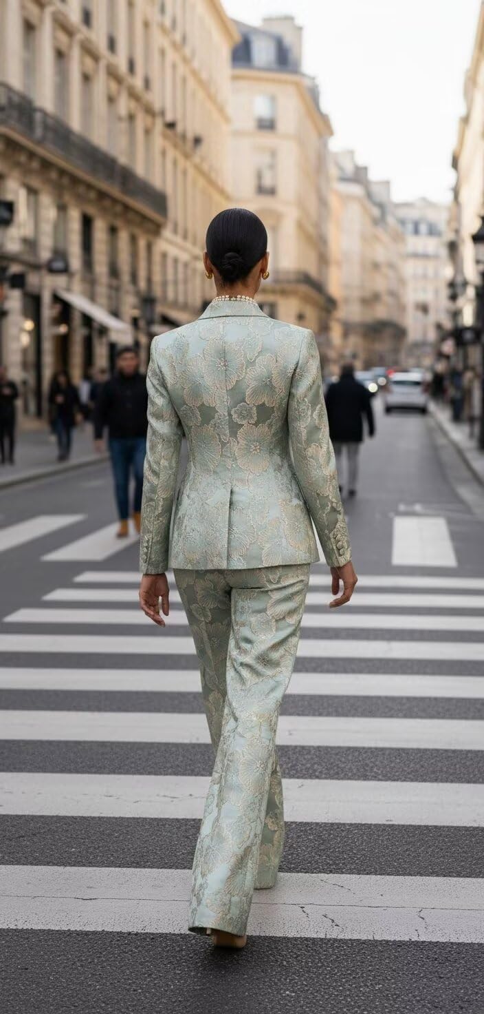 Womens Suits 2 Piece Set Dressy Jacquard Floral Pants Suits for Women Casual Business Outfits 1 Button Suit Jacket