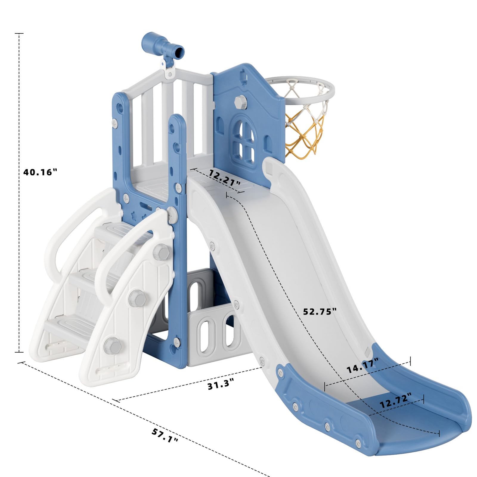 FAYDUUD Tobogán para Niños 4 en 1 con Canastas Baloncesto Tobogán Slide Infantil Interior y Exterio y escaleras Antideslizantes, fácil Montaje, para niños 1-3 años (Gris Azul)