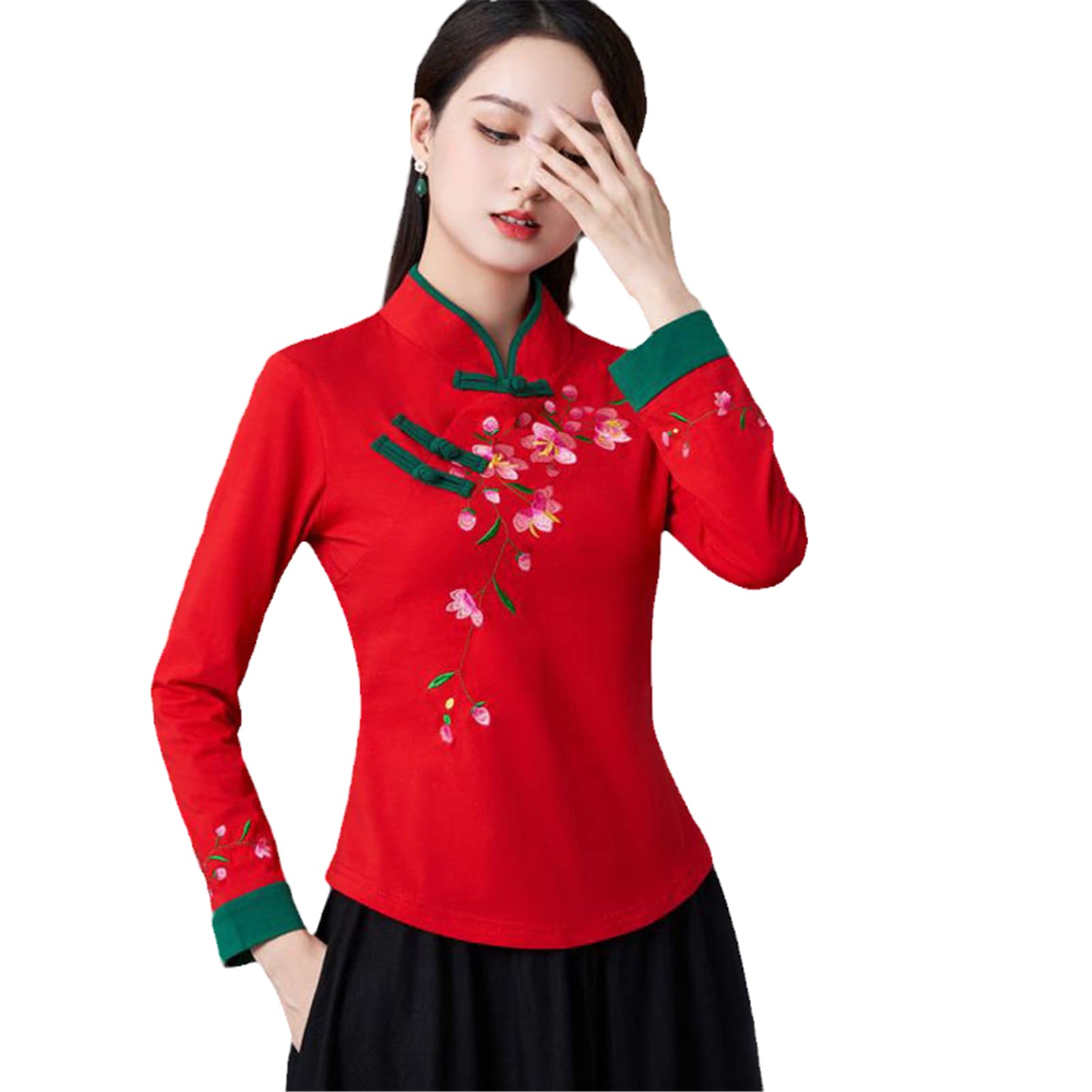 Bawełniane topy damskie Cheongsam mieszanka wiosna haft łączenie chiński styl retro Qipao koszule damskie
