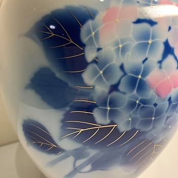 深川製磁 官窯染付 紫陽花 小鳥文 花生け 高さ約27㎝