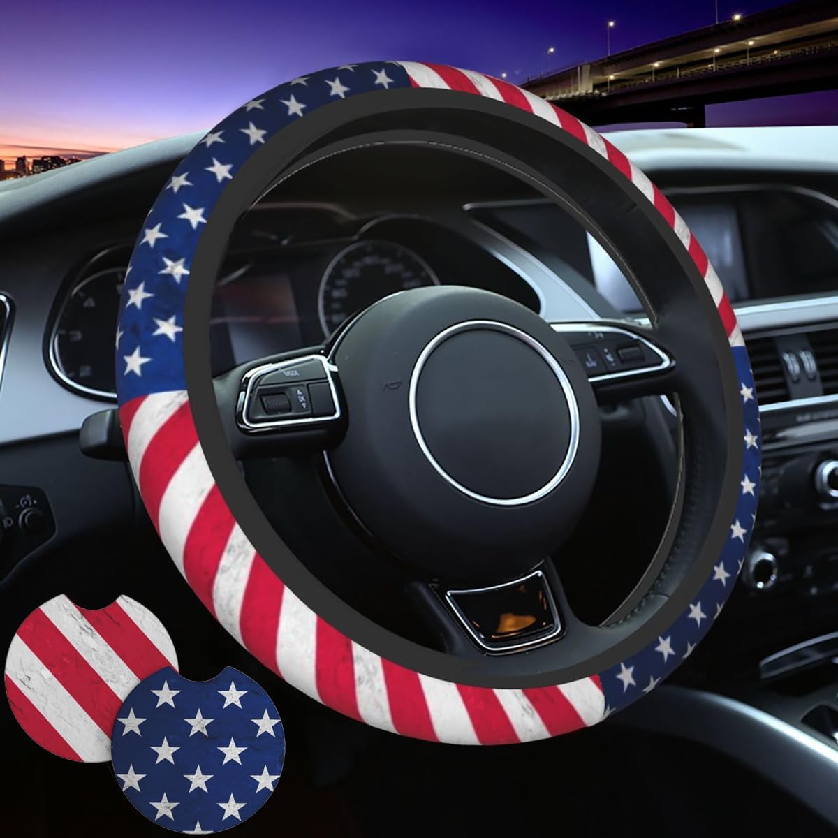 American Flag Steering Wheel Cover - Retro USA Flag Steering Wheel Cover Men Women Car Accessories Neoprene Slip-Resistant Includes 2 Car Cup Coasters Decor for US 15 in Steering Wheel Protector