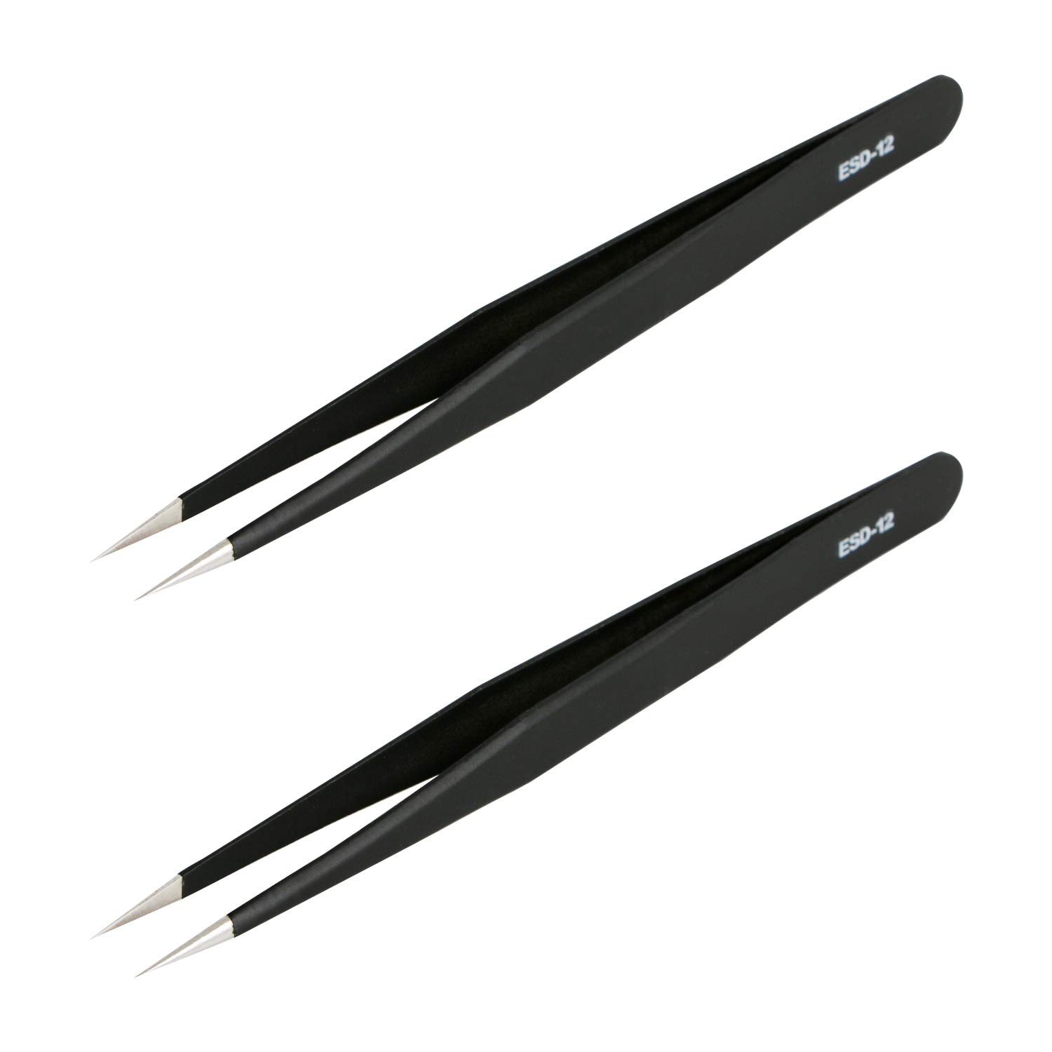 Aoje-Link ESD-12 Professional Anti-Static Precision Technology Tweezers, Non-magnetic Fine Tip Straight, Stainless Steel Plastic Coated, Full Length 135mm, Black, 2pcs