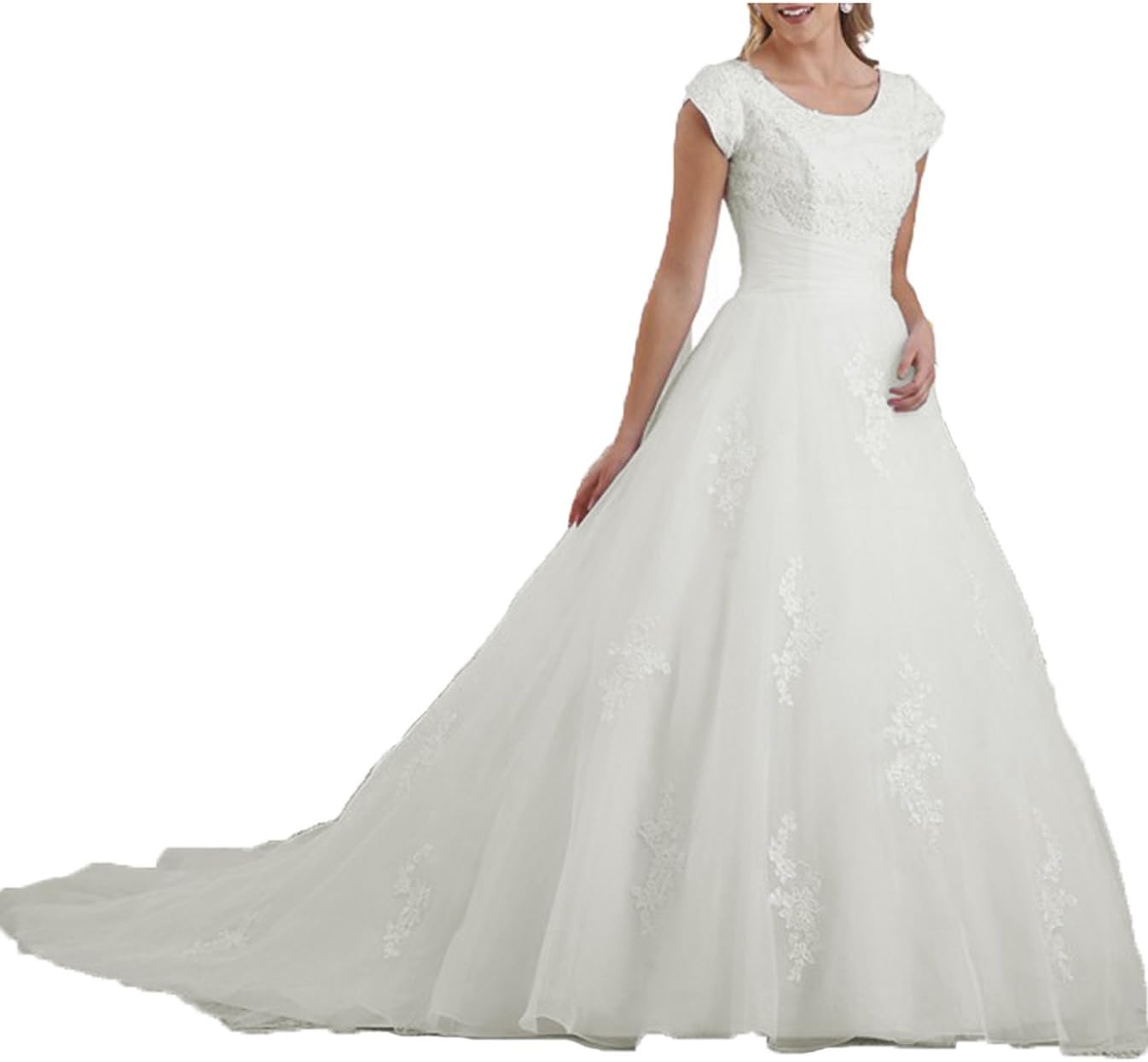 Short Sleeve Wedding Dresses for Women Tulle Long Bridal Dress Lace ...