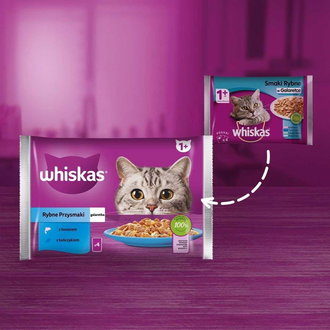 WHISKAS Comida para gatos – 52 bolsas frescas (13 paquetes de 4 x 85 g) – Peces favoritos (2 variedades) – Paté para gatos adultos en gelatina – Comida húmeda completa apta también gatos esterilizados