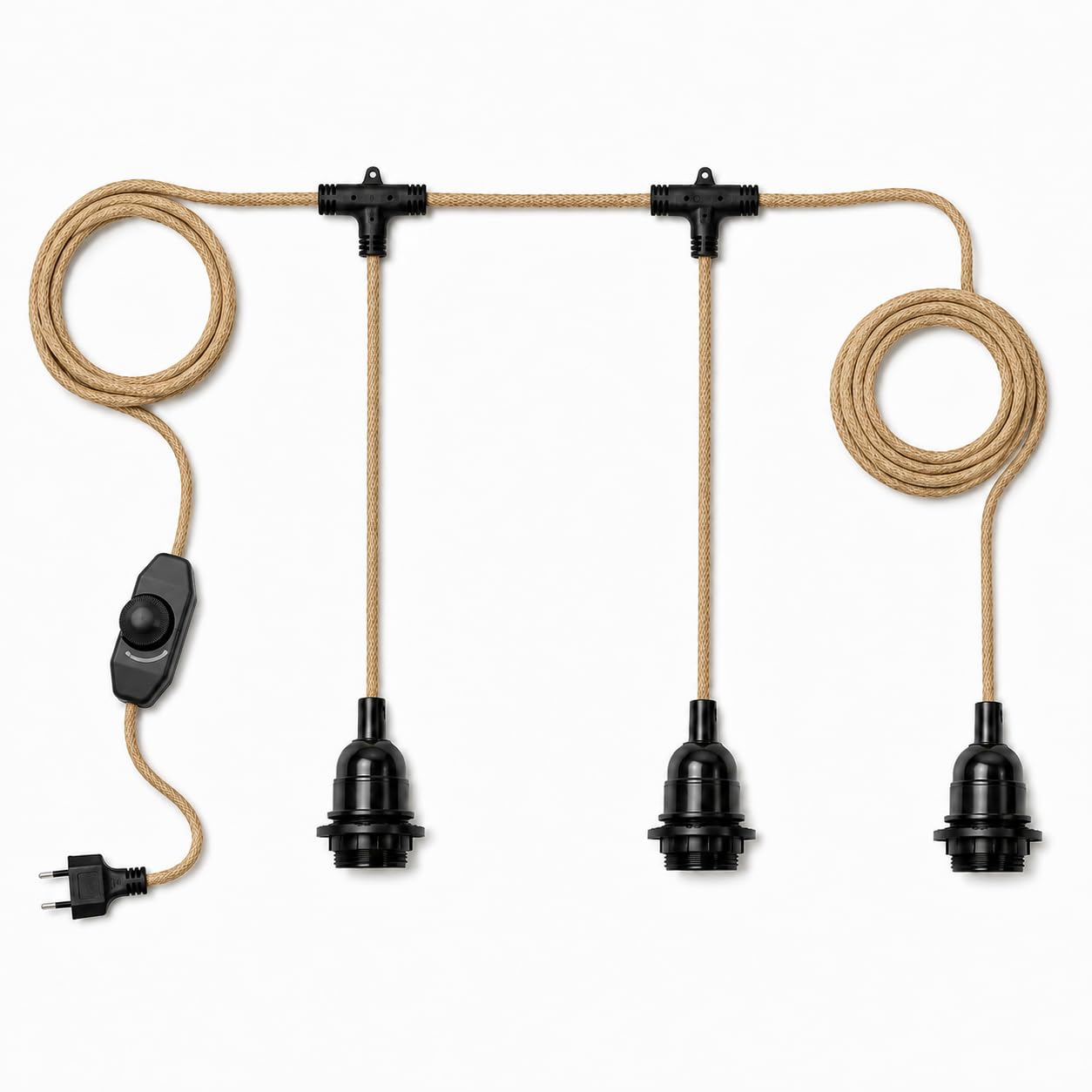Lampenfassung E27 mit Kabel 6,5 m, dimmbar, EU-Stecker, Hanfseil, 3-fach