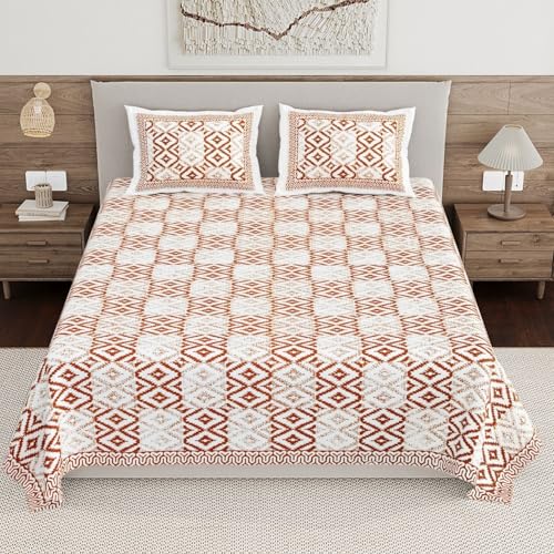 Image of Living Roots Ethnic Jaipur Block Print Double Cotton Bedsheet & 2 Pillow Covers, for Mattress Upto 6 inches Thick, No Colour Bleeding, Rust Orange Colour, King Size 90 * 108 inches, 120TC (610-A)