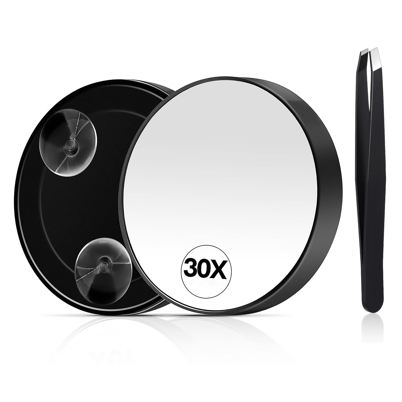 Ysaoaka Men's Black 30X Magnifying Mirror, Small Magnifying Mirrors With Suction Cup And Tweezers, Magnified Makeup Mirrors, Compact Mirror Set For Plucking Eyebrows 3.5 Inches