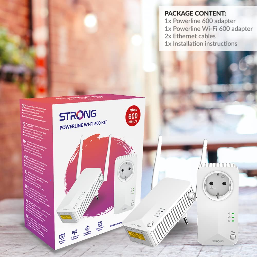 Strong Powerline WI-FI 600 Kit | Adaptateur CPL + Adaptateur WLAN Powerlan | Hotspot Wi-FI | Jusqu'à 600 Mbit/s | Portée de Plus de 300 m – Lot de 2
