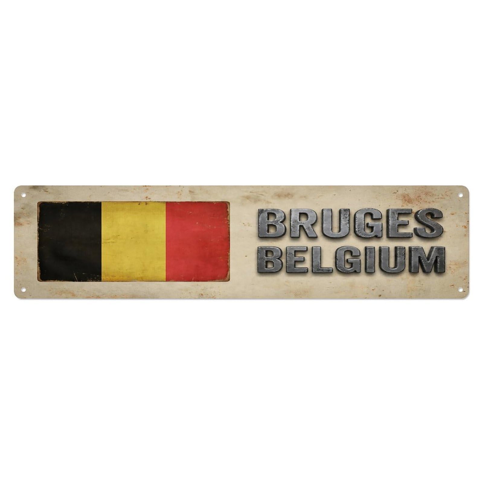 Vintage Bruges Belgium Flag Decor Rustic Travel Metal Tin Sign