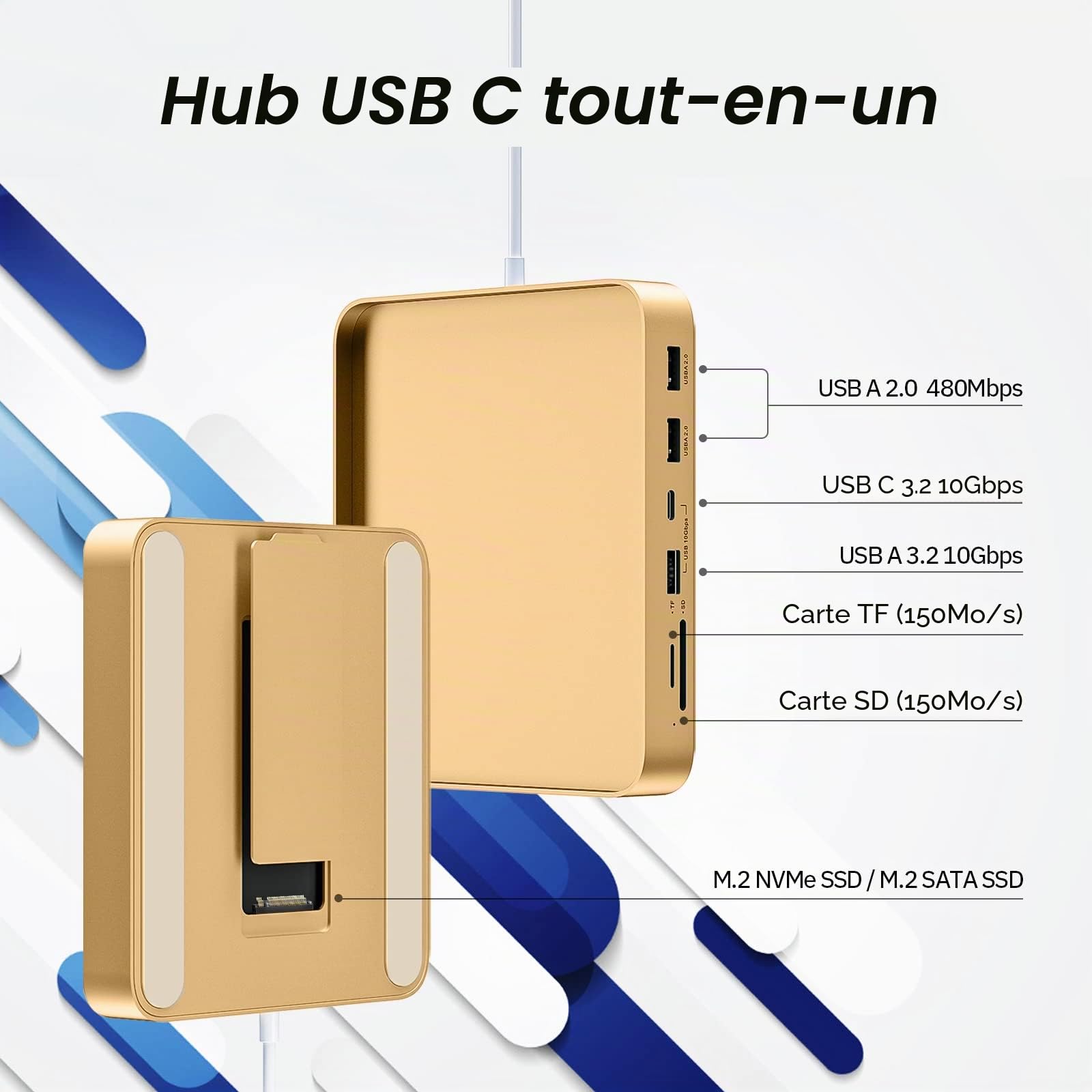 Minisopuru Hub USB C pour iMac 24 Pouces 2021/2023/2024, Hub USB i Mac avec M.2 NVMe SSD, Accessoires iMac pour iMac M1/M3/M4, Adaptateur USB iMac avec 10 Gbit/s, SD/TF, SSD M.2 (Non Inclus), Jaune.