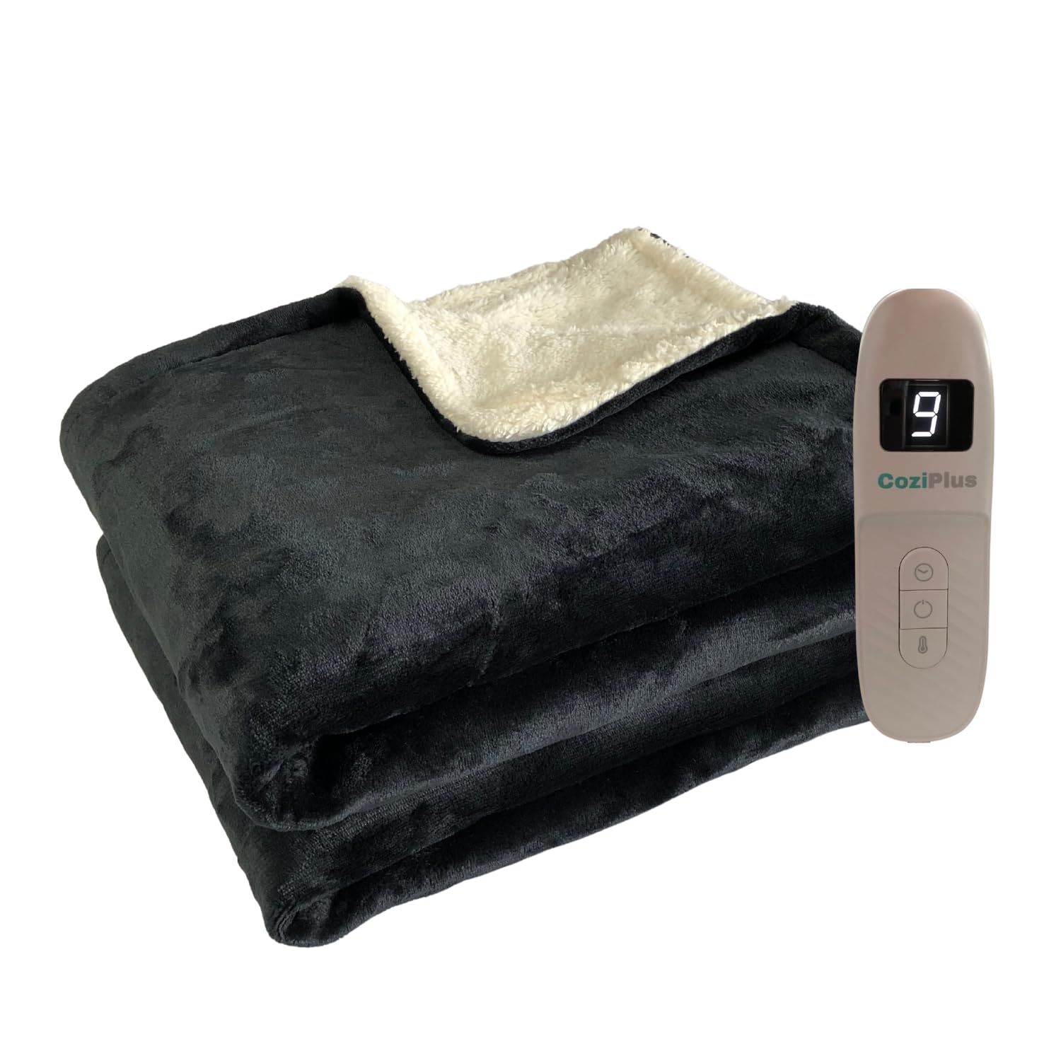 Coziplus Electric Heated Blanket Throw Flannel & Sherpa Fleece, 8 Available Colors, Fast Heating 160x130cm, 9 Heat & Timer Levels, Auto-Shut Off, LED Display, For Home & Office Use (Black)