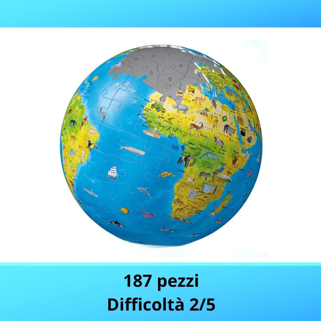 Ravensburger - Puzzle 3D Globo Terrestre Impara La Geografia Con Gli Animali | Puzzle 3d Bambini A Partire Dai 6 Anni | Modellismo Da Costruire Bambini Di 180 Pezzi | Regalo Bambino 6 Anni E Più