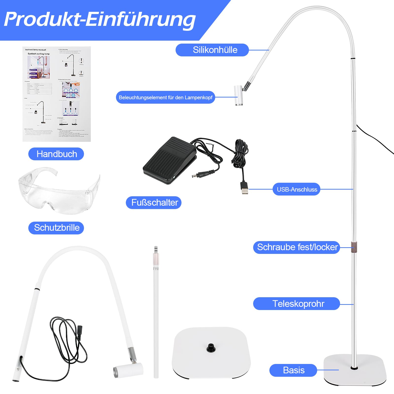 UV Wimpern Lampe, 6W UV Wimpernlampe mit Fußschalter Schutzbrille, UV Lash Lamp mit Einstellbare Punktgröße, 360° Flexibler Schwanenhals UV Licht für Gelnägel und Wimpern Aushärten (Weiß)