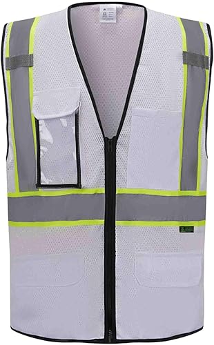 SV2520 - Chaleco de seguridad de malla ultra fresco de lujo, 2 pulgadas reflectante con encuadernación amarilla, cremallera, 9 bolsillos, color