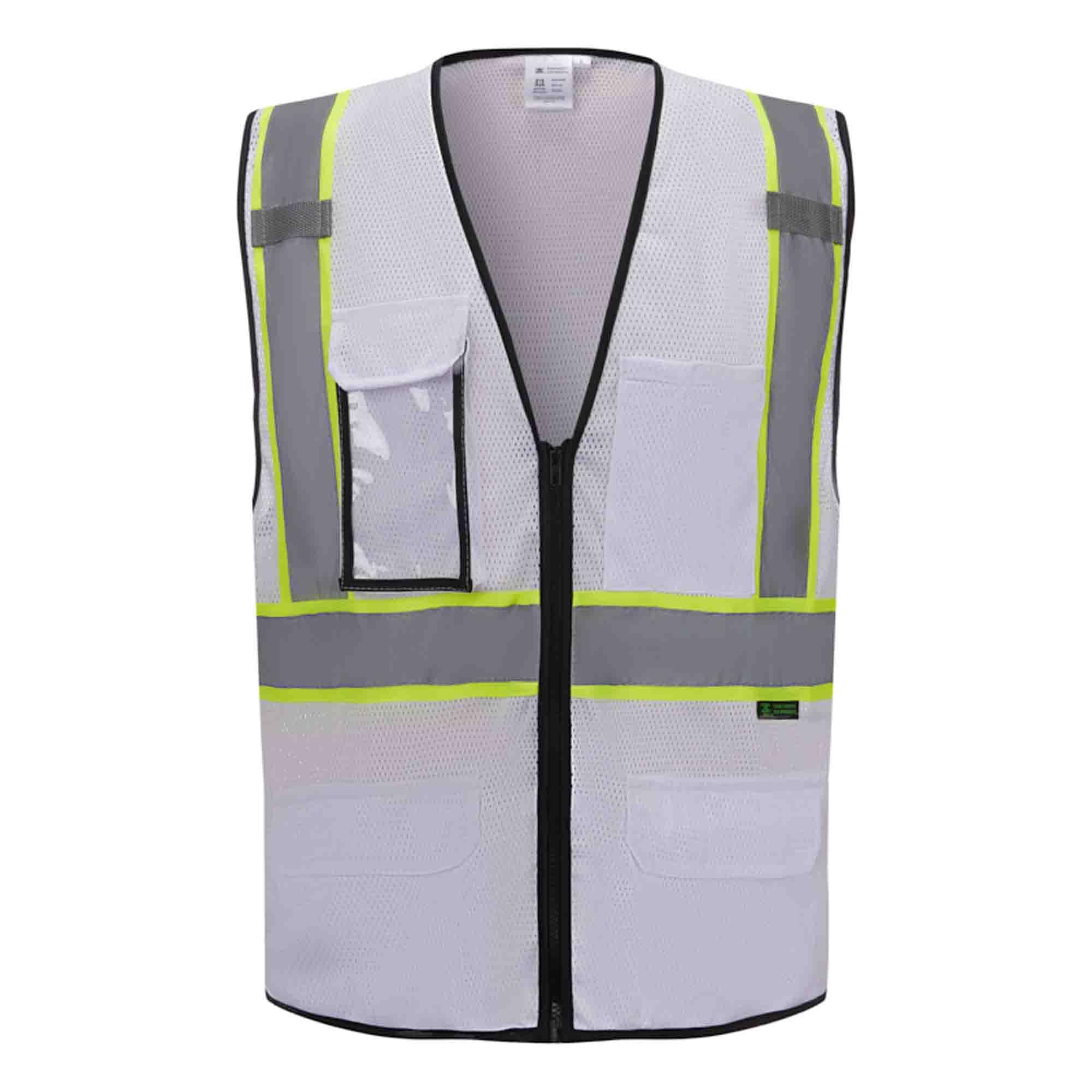 3C Products SV2520 Deluxe Ultra Cool Mesh Safety Vest, 2” Reflective w/Yellow Binding, Zipper, 9 Pockets, White (3XL)