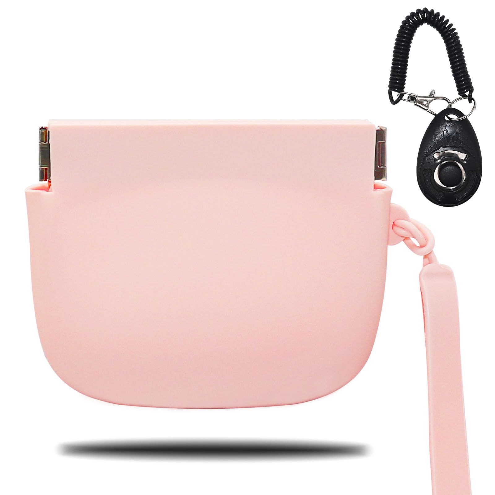Silicone Dog Treat Pouch, Silicone Dog Training Bag with Pet Training Clicker, Silicone Dog Treat Pouch Small Bag, Silicone Treat Bag with Magnetic, Auto Closing and Waist Clip (Pink)