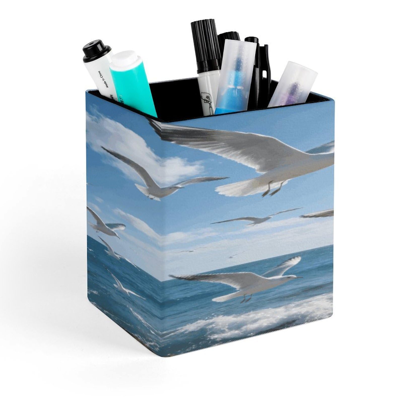 FekiLoot Flying Birds Pencil Holder for Desk Square Leather Pen Holder Cup Desktop Organizer Multi-Functional Pencil Cup Holders Modern Decorative Desk Organizer Caddy Makeup Brush Holders