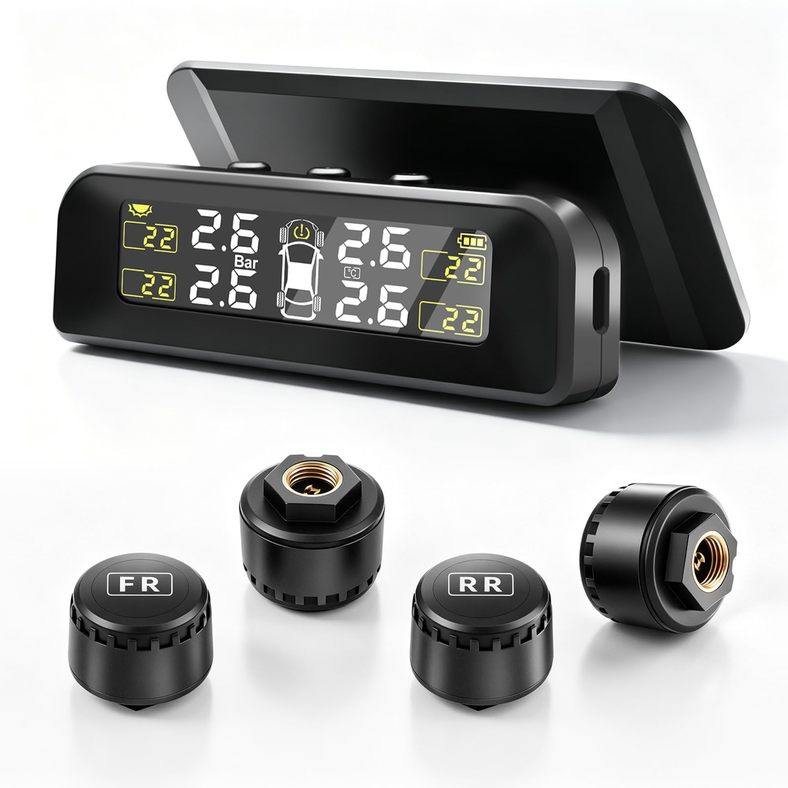 Sistema de Monitoreo de Presión de Neumáticos TPMS（0-3.5Bar）Solar Inalámbrico y Carga USB, 5 Modos de Alarma 4Sensor Externo de Presión de Neumáticos，para Auto SUV Camionetas
