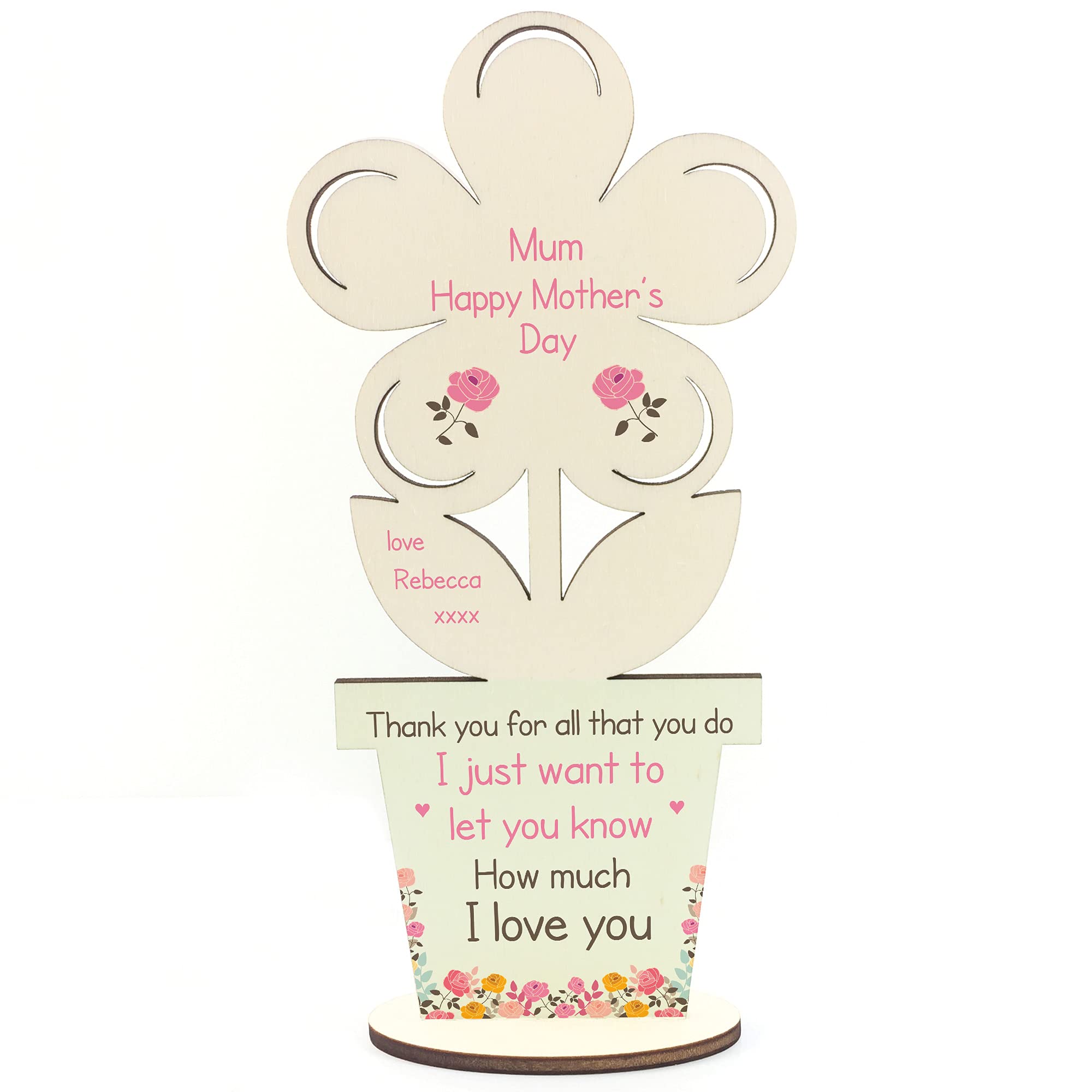Personalised Mothers Day Gift for Mum Wooden Flower Plaque Gift From Daughter Son