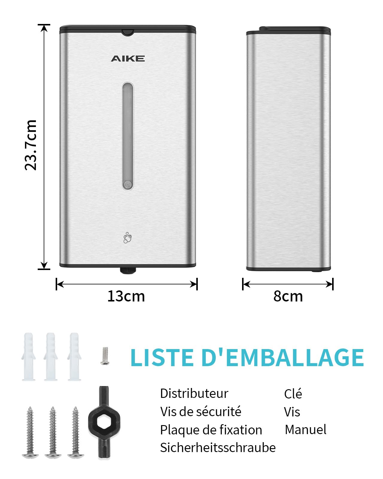 AIKE Distributeur De Savon Moussant Automatique, Murale pour Usage Commercial, 1000ML Acier Inoxydable pour Savon À Mains Moussant, AK1207FA