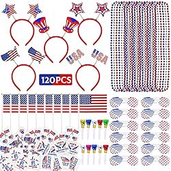 Persianas Julian MOVINPE 120 unidades de recuerdos patrióticos para fiestas, accesorios del 4 de julio, gafas de persiana, collares con cuentas, banderas de Estados Unidos, soplado musical, tatuajes temporales