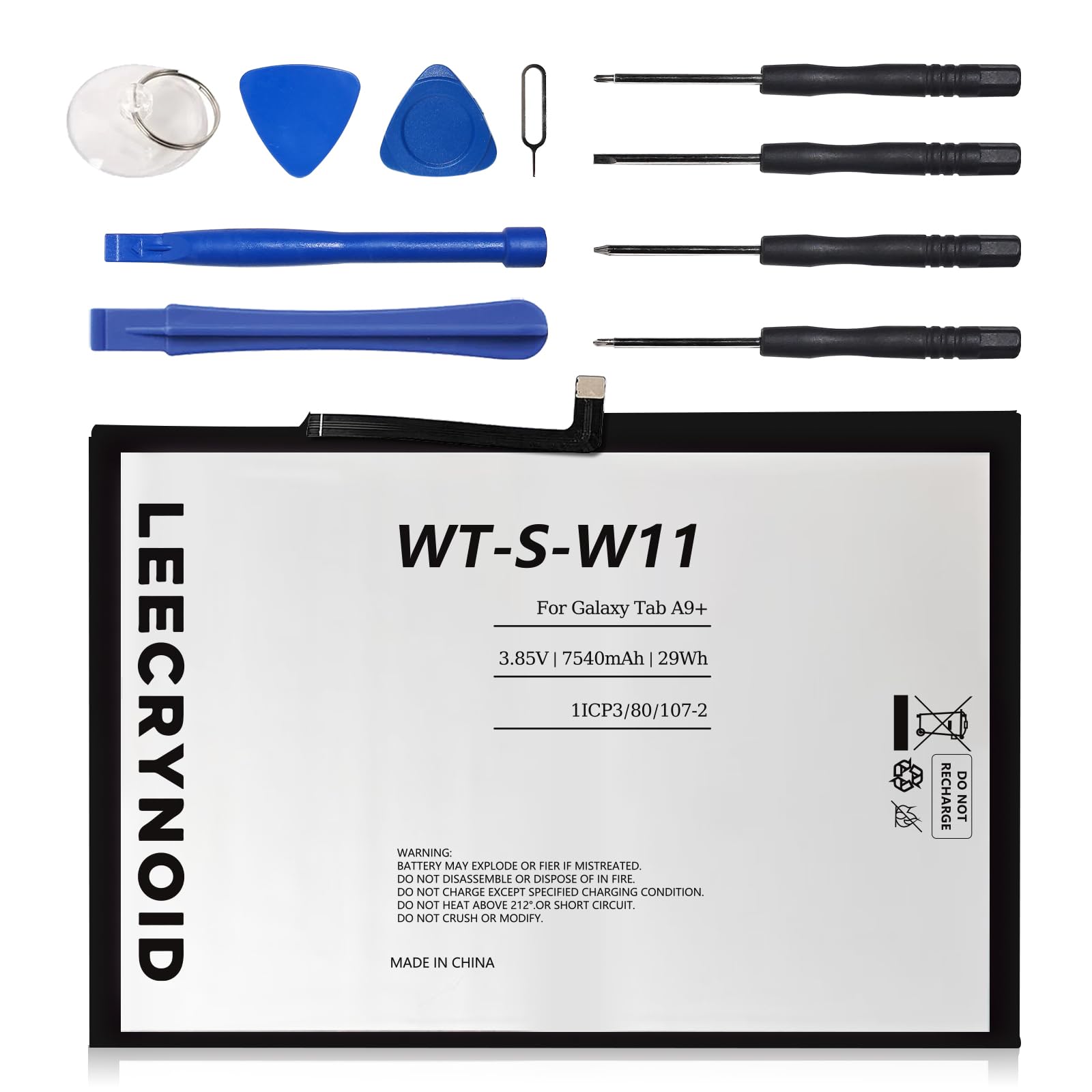 LeeCrynoid WT-S-W11 Replacement Battery for Samsung Galaxy Tab A9+ 11" (SM-X210/X215/X216/X218U) — 3.85V, 7540mAh, 29Wh, 0-Cycle Lithium Battery with Repair Kit