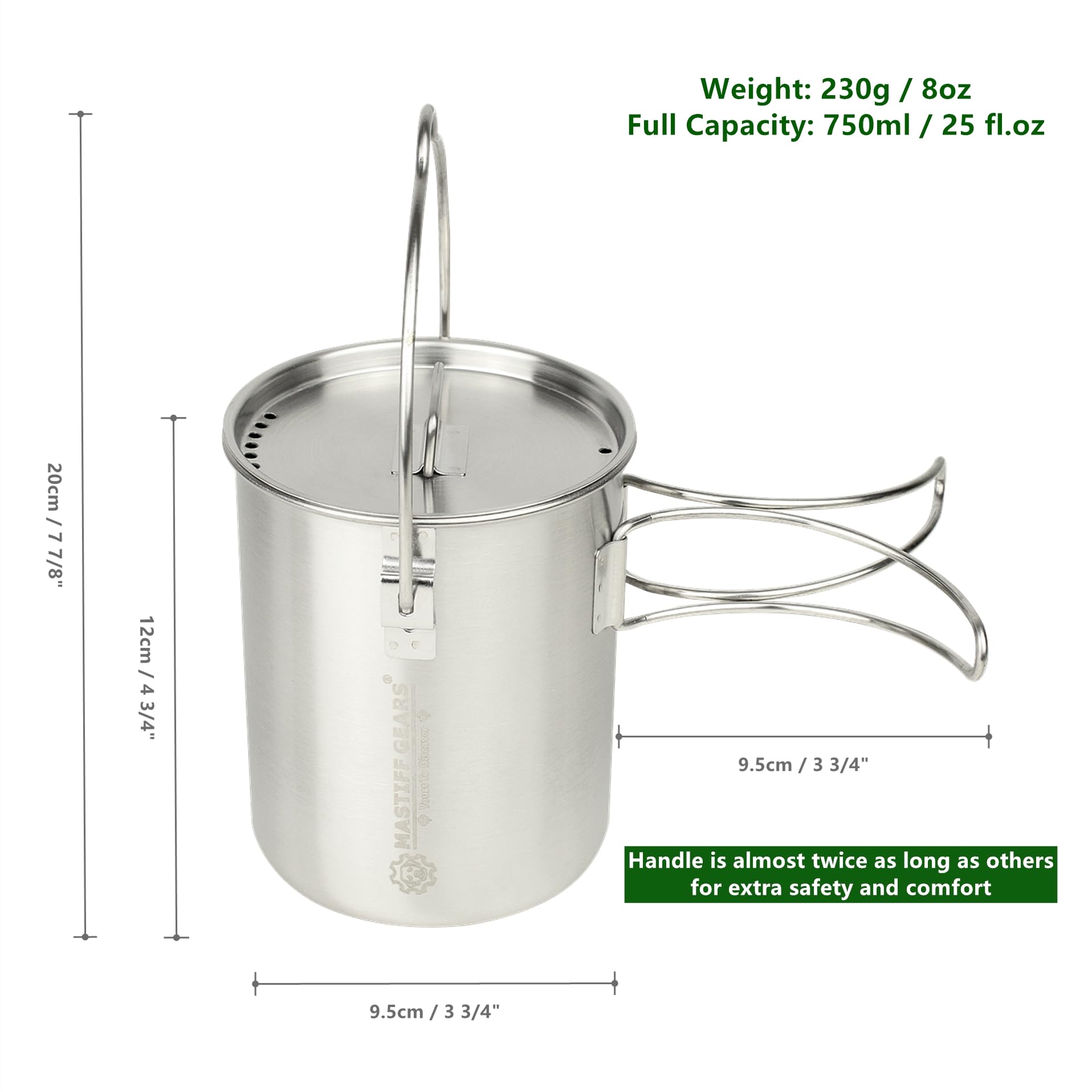 Mastiff Gears ® 304 (18/8) Stainless Steel (FDA Compliant) 750ml / 25fl.oz Camping Cup/Pot with Lid and Folding Handles, Ideal for Bushcraft, Backpacking, Survival, and Other Outdoor Activities