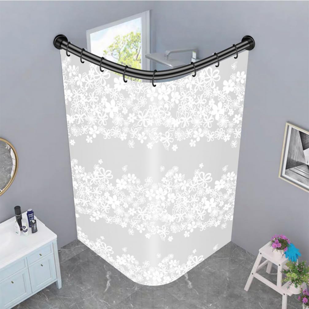 Qgtxf Corner Tension Shower Curtain Rod Pole L Shape Adjustable Shower Rail Bathtub Stainless Steel Telescopic Rod for Bathroom Clothing Store(Size:A,Color:Black)