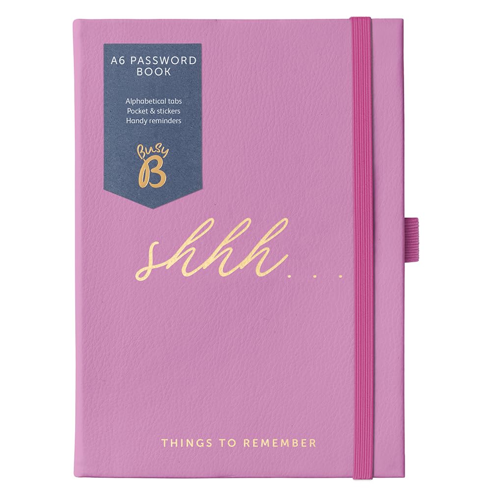 Busy B Password Book - Pink Faux Leather Cover All your Internet Passwords in One Place - Compact & Discreet Design with Tabbed A-to-Z Index, Storage Pocket, Stickers & Elastic Closure Band