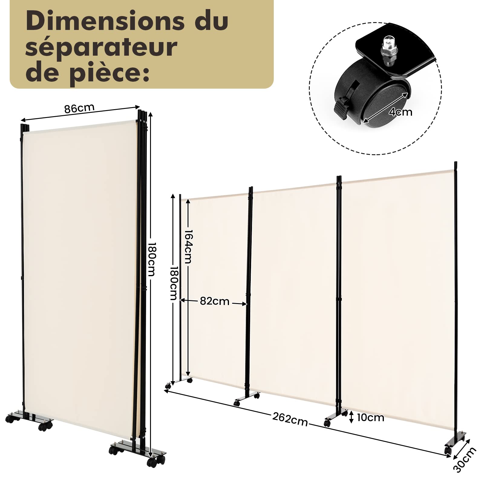 COSTWAY Paravent Intérieur à 3 Panneaux Pliable Détachables 262x180cm, Cloison de Séparation à 8 roulettes Cadre en Fer Fibre de Polyester, Facile à Déplacer et à Assembler (Beige)