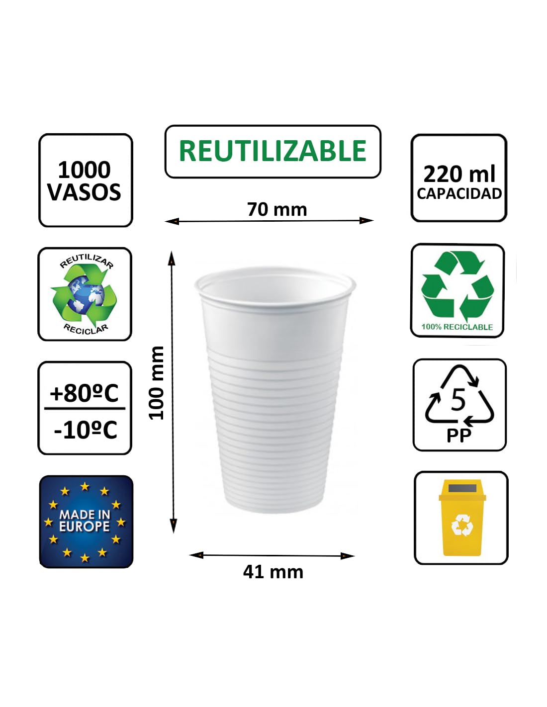1000 uds - Vasos de color blanco, de polipropileno (PP) - Capacidad de 220 ml - reciclables - Ideal para bebidas frías