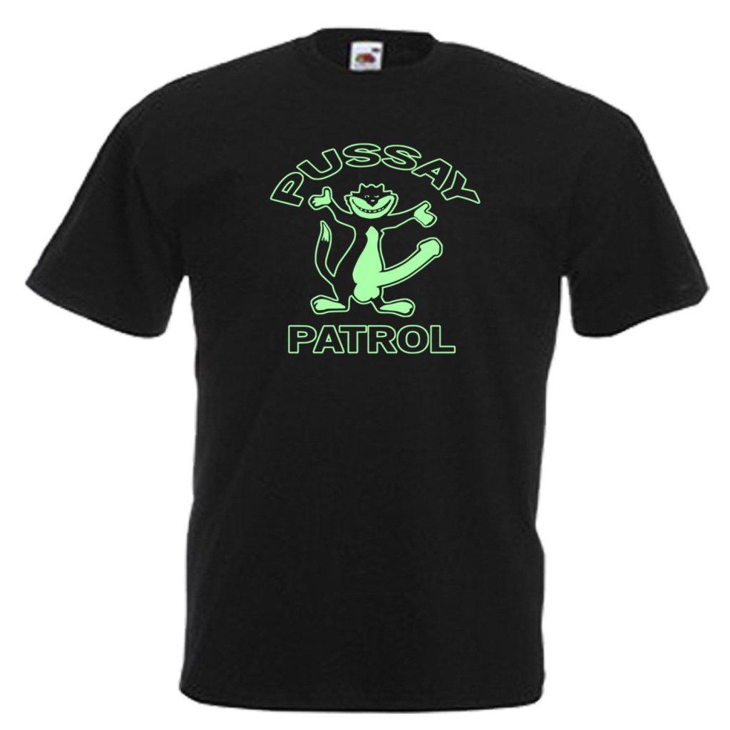 shaniztoons Pussay Patrol Stag Party Lads Holiday Glow in The Dark Printed Design Adults Mens Unisex T-Shirt Medium Black