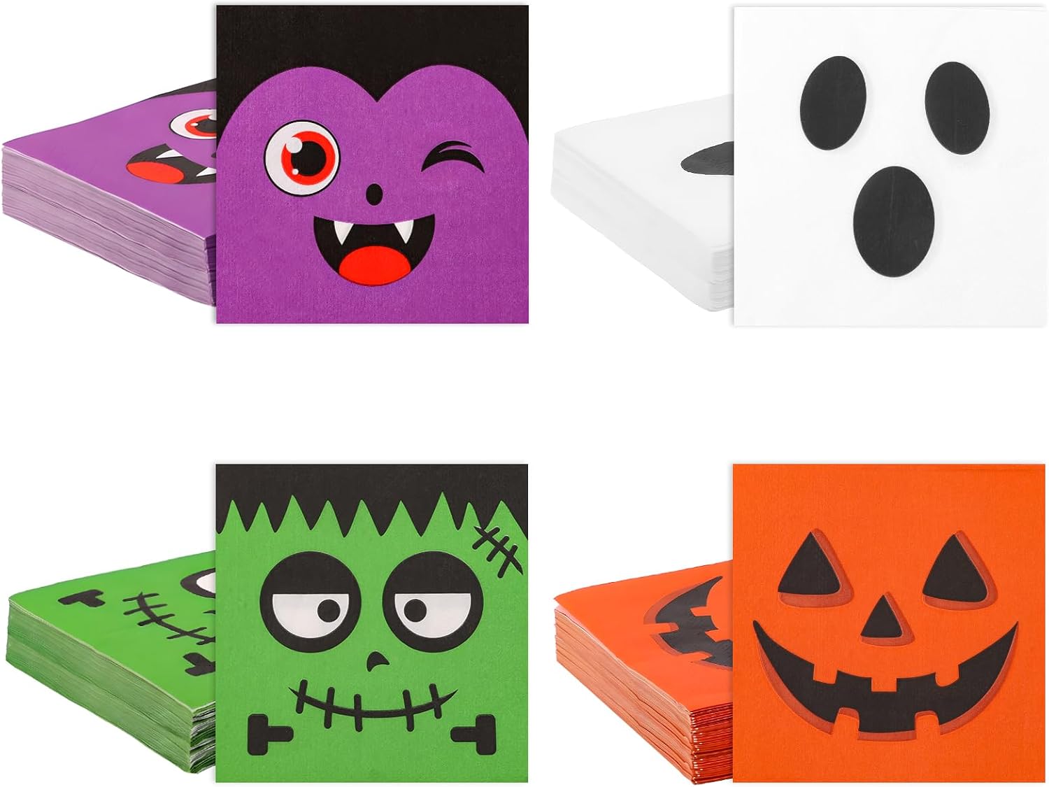 KIMOBER Halloween Monster Cocktail Napkins 100 Pcs, 4 Cute Cartoon Styles for Table Decor Spooky Party & Kids Birthday Supplies