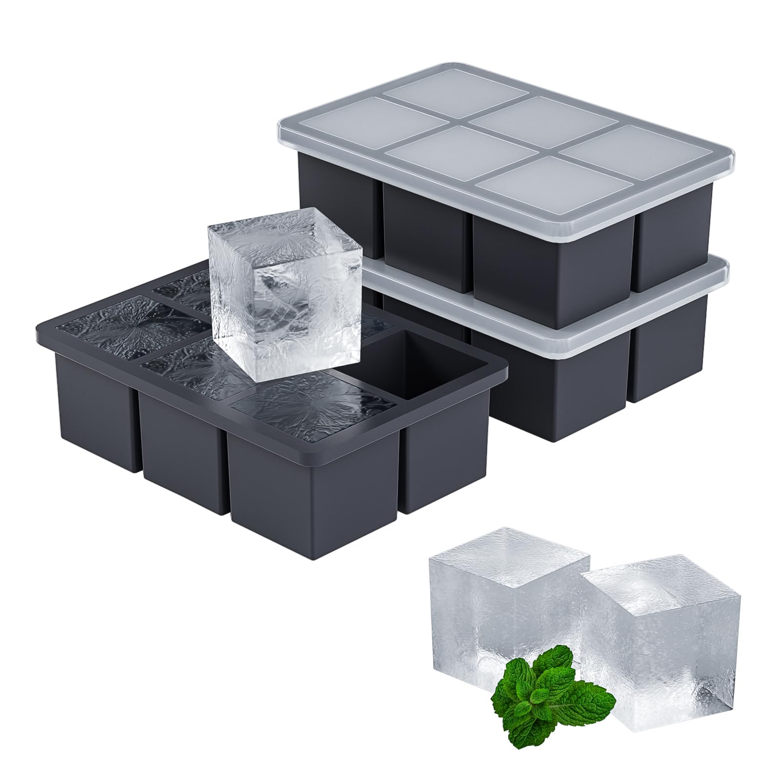 Large Ice Cube Tray for Whiskey 3 Pack, HANCELANT Big Silicone Square Ice Cube Mold with Removable Lid, 2'' Huge Square Ice Cubed Tray for Whisky and Cocktail