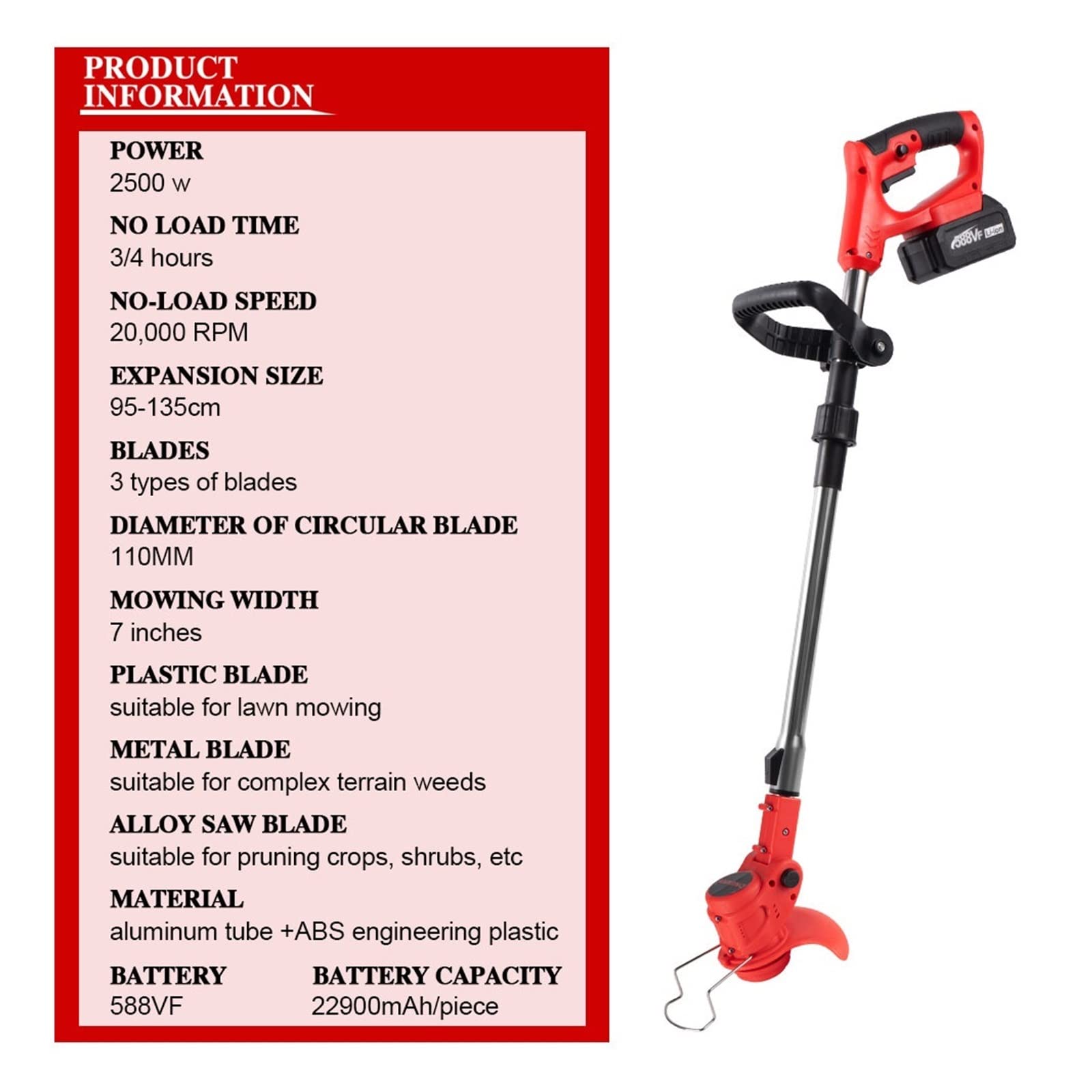 Cortacésped eléctrico de 2500W y 20000RPM, cortadora de césped Plegable, Herramientas eléctricas de Corte de poda de jardín Ajustables for batería de 18v(2 Battery Plug)