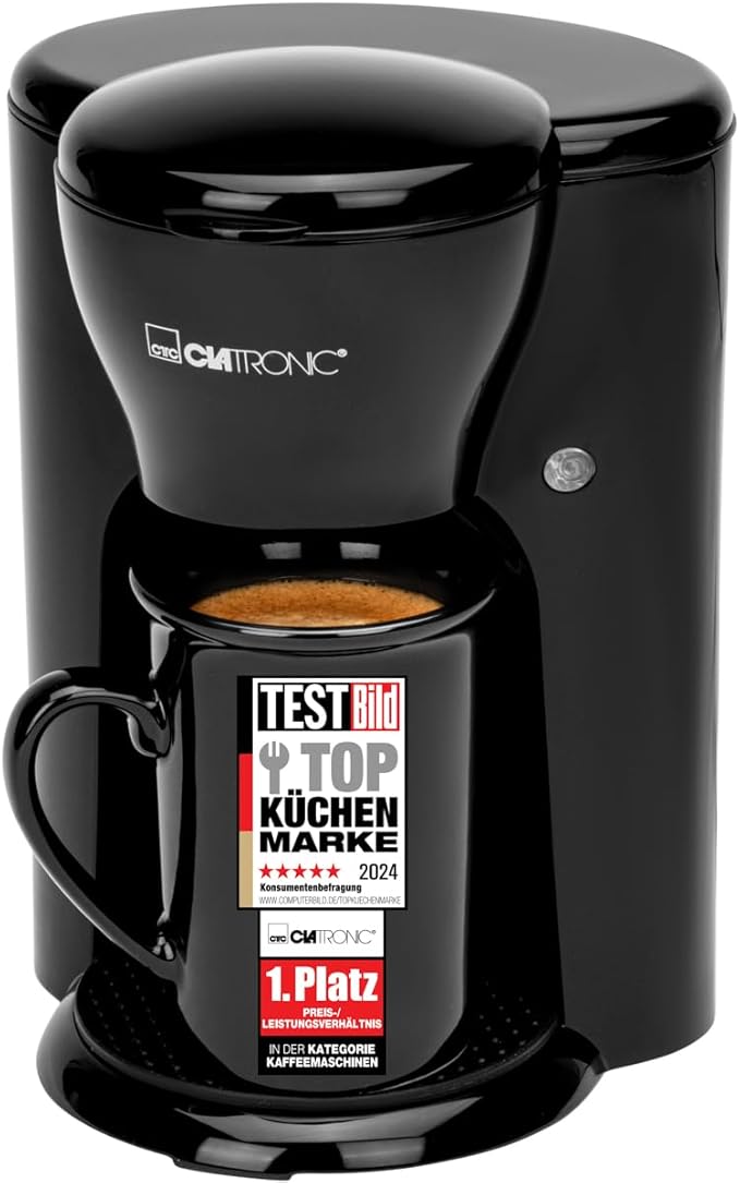 Clatronic KA 3356 - Cafetera eléctrica pequeña de goteo automática, capacidad de 1 taza café, filtro permanente, incluye taza, 330W, óptimo camping, color negro