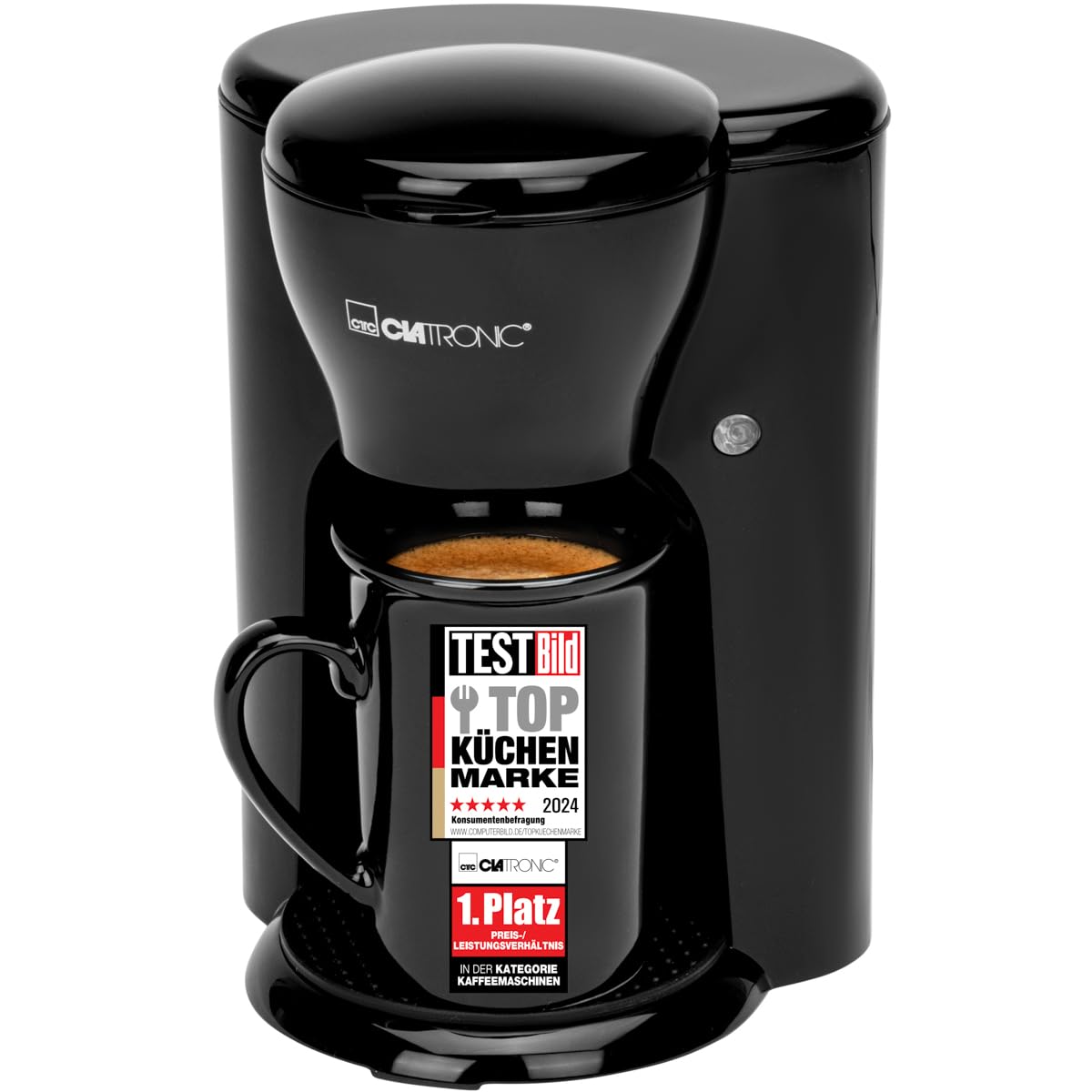 Clatronic Macchina da caffè 1 tazza | caffettiera | caffettiera a filtro incl. tazza in ceramica | filtro permanente (rimovibile) | 140 ml | piccola macchina da caffè a filtro da viaggio | KA 3356