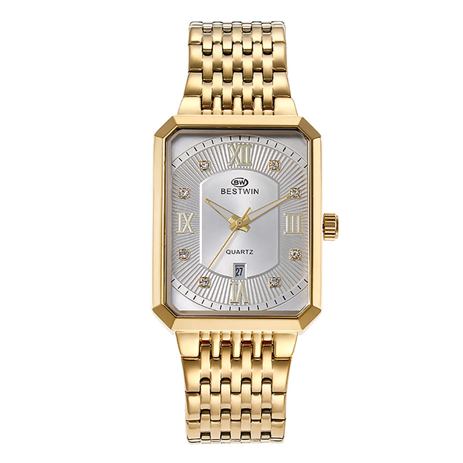 Rectangular Quartz Analogue Watches: Men Gold Quartz Analogue Square Tank Wristwatch Elegant Stainless Steel Dress Cuff Watches