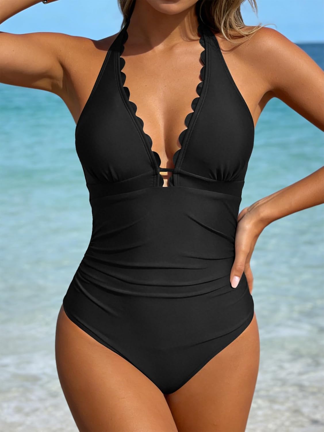 Aidonger Women's One Piece Halter Swimsuit Tummy Control Ruched Slimming Bathing Suit Scalloped Swimwear