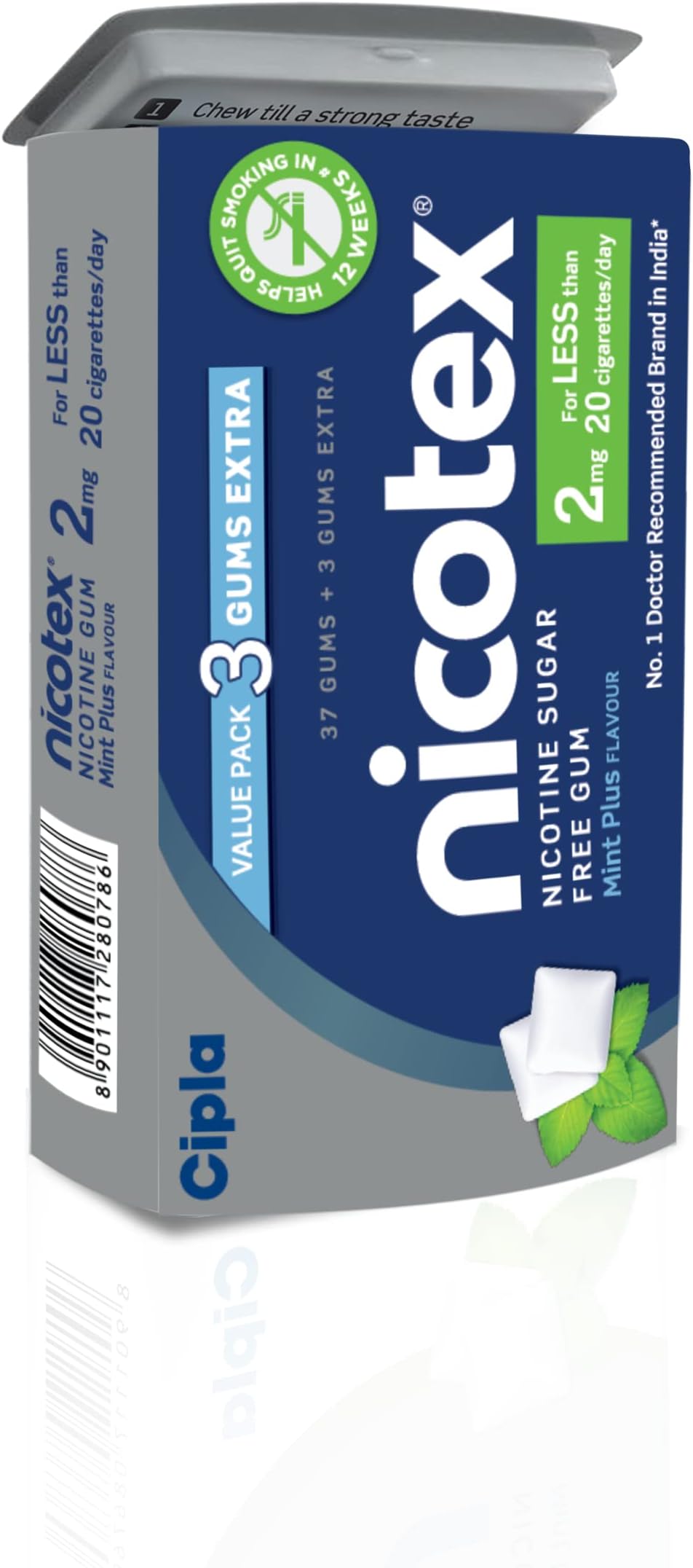 Cipla Nicotex Nicotine Sugar Free Mint Plus Gums 2mg | Helps to Quit Smoking | WHO-approved Therapy | 40 Gums per Tin | Pack of 1