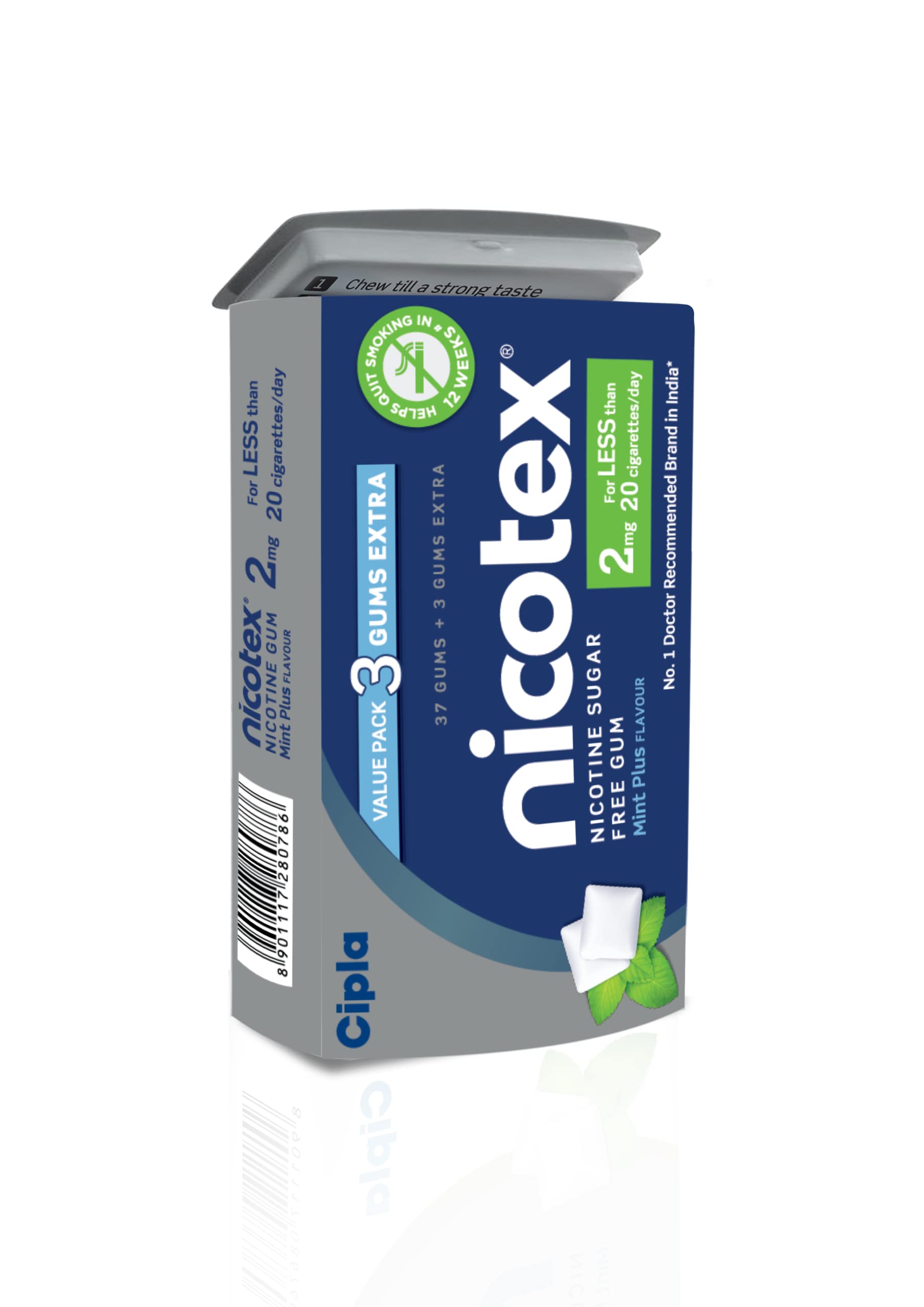 Cipla Nicotex Nicotine Sugar Free Mint Plus Gums 2mg | Helps to Quit Smoking | WHO-approved Therapy | 40 Gums per Tin | Pack of 1