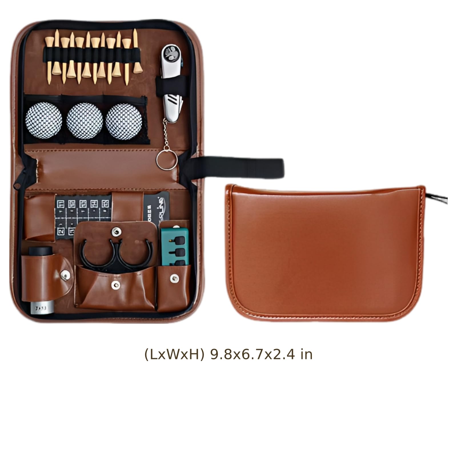 Golf-Zubehör Leder-Werkzeugtaschen-Set, tragbares Golf-Geschenkset mit mehreren Fächern, mit Entfernungsmesser-Fach und elastischem Band, leichter Organizer mit Reißverschluss, 25 x 17 x 6 cm