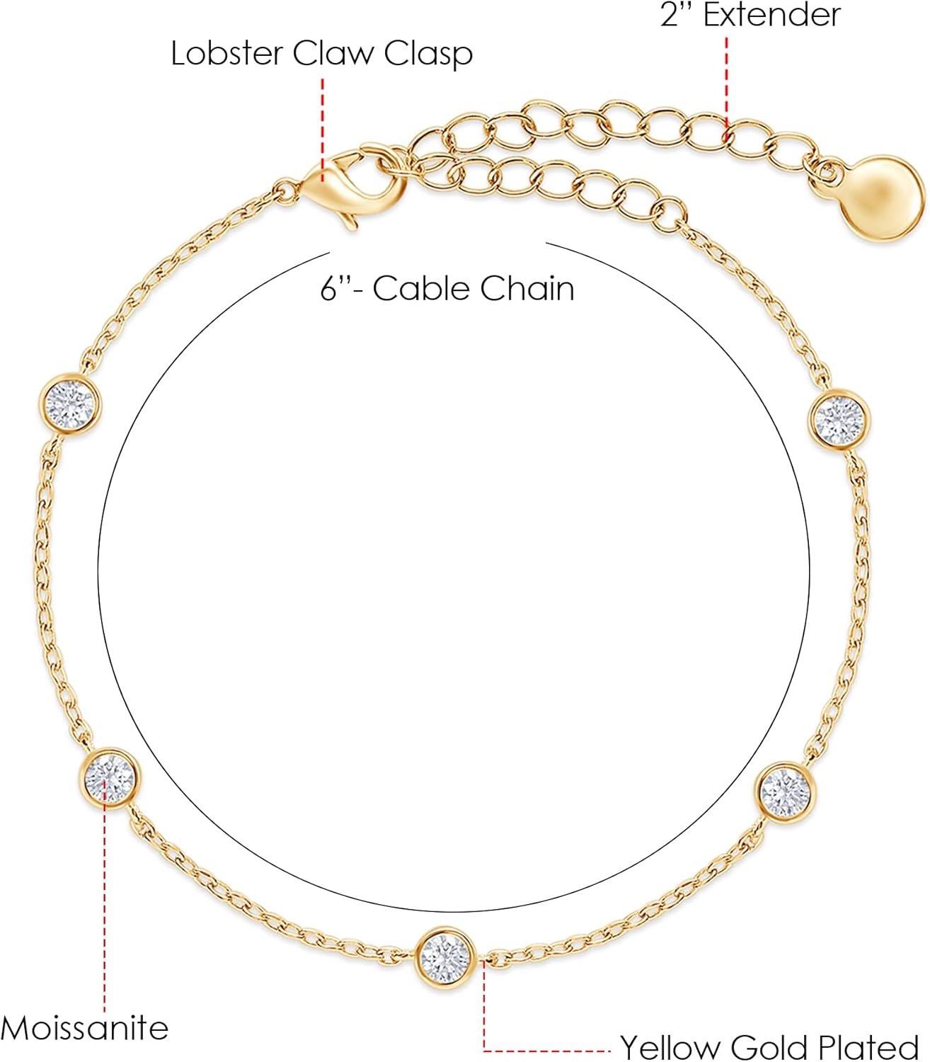 18K Gold Plated Five Stone Station Link Bracelet for Women| 3MM Moissanite Classic Tennis Bracelet | Bezel-Set 6" + 2" Adjustable Chain Bracelet (0.50 Cttw) - Image 2