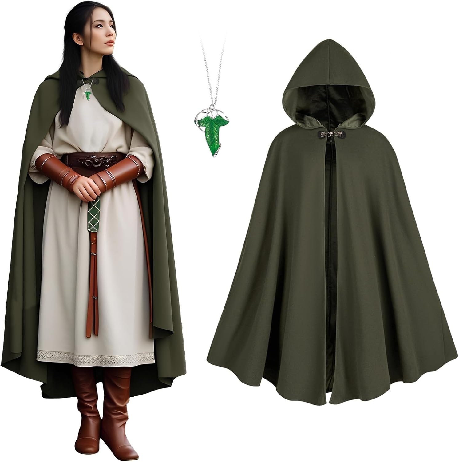 Renaissance Cloak Women, medieval costume Long Cloak with hood and Green Leaf Brooc...