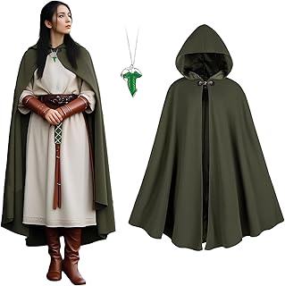 Renaissance Cloak Women, medieval costume Long Cloak with hood and Green Leaf Brooch Necklace for Halloween Party.
